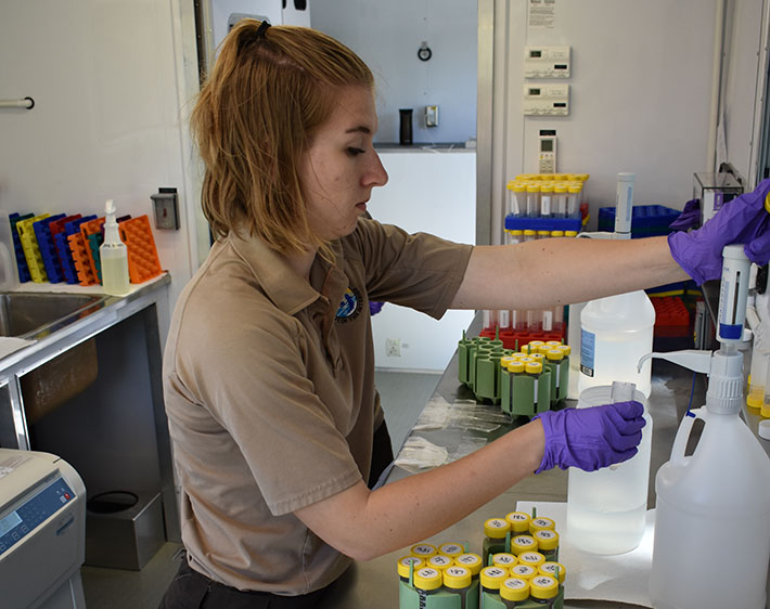 A person holds a sample tube under a liquid dispenser.